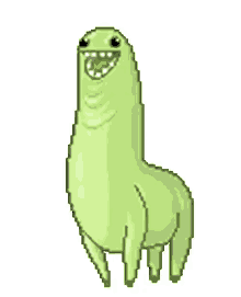 a pixel art drawing of a green frog with a big smile on its face .