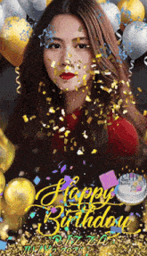 a woman is surrounded by balloons and confetti with the words happy birthday written on the bottom