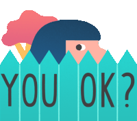 an illustration of a person peeking over a fence with the words " you ok " written on it