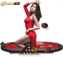 a woman in a red dress with a crown on her head is kneeling on a poker table