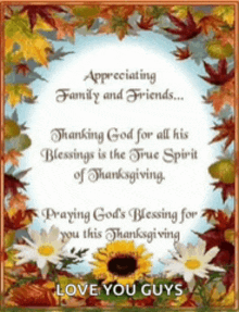 a thanksgiving card that says " appreciating family and friends "