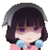 a pixel art of a girl with black hair and purple eyes wearing boxing gloves .