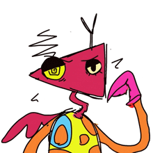 a drawing of a colorful cartoon character with a triangle head and wings