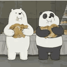 ice bear and panda bear from we bare bears are standing next to each other and eating cookies .