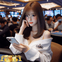 a woman wearing glasses and a white shirt that says casino