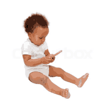 stock image of a baby sitting on the floor playing with a phone