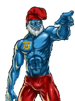 a smurf with a badge on his chest that says ' a ' on it