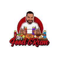 a cartoon of a man sitting at a table with food and drinks with the words mr. food & rum below him