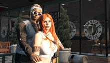 a man and woman are posing in front of a dean machine coffee shop