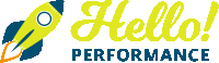 a logo that says hello performance with a rocket in the background