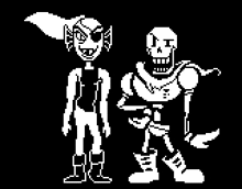 a black and white pixel art of a girl and a skeleton .