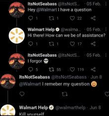 a screenshot of a twitter conversation between it 'snotseabass and walmart help