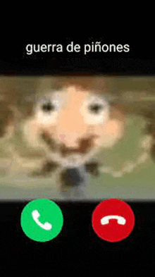 a cartoon character is talking on a cell phone with a green and red button .