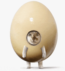 a cat is standing inside of an egg with a hole in it