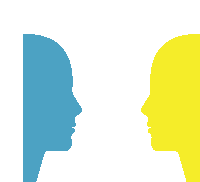 a blue and yellow silhouette of a person 's head looking at each other