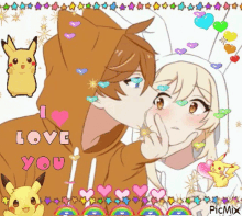 a boy is kissing a girl on the cheek while a pikachu is behind them .