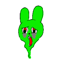 a cartoon drawing of a green bunny rabbit with a sad face .