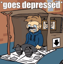 a cartoon of a man sitting in a cardboard box with the words goes depressed above him