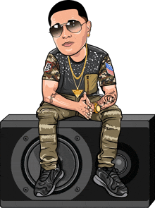 a cartoon of a man sitting on a speaker with the letter s on his shirt