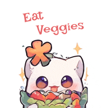 a cat with a flower on its head is holding a bowl of vegetables with the words " eat veggies " below it