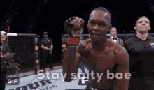 a man in a boxing ring with the words " stay salty bae " on the bottom