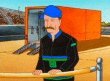 a cartoon man with a mustache is standing in front of a truck