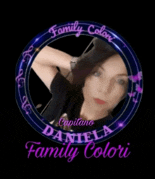 a picture of a woman in a circle with family colori written on it