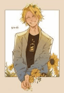 a man with yellow hair is holding a bouquet of sunflowers .