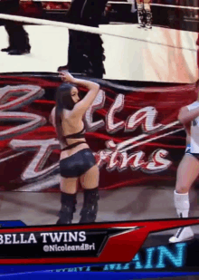 a female wrestler stands in front of a sign that says bella twins