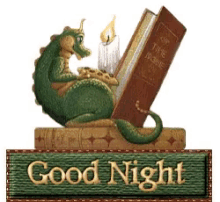 a picture of a dragon reading a book with a candle and the words good night on the bottom