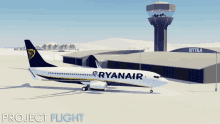 a ryanair airplane is parked at an airport