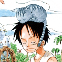 a drawing of a boy with a cat sleeping on his head