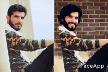 a man in a camo shirt sits in front of a brick wall with faceapp written on the bottom