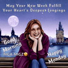 a picture of a woman with the words " may your new week fulfill your heart 's deepest longing " on the bottom