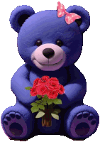 a blue teddy bear with a pink bow holding a bouquet of red roses