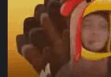 a close up of a person dressed as a turkey with a helmet on their head .