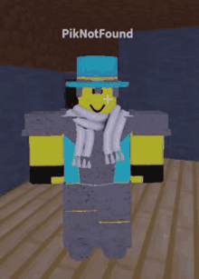 a roblox character wearing a hat and scarf is standing in a room .