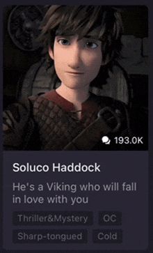 a cartoon character named soluco haddock is a viking who will fall in love with you