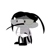 a cartoon character with black hair is sitting on the floor