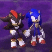 shadow the hedgehog and sonic the hedgehog are holding hands on a purple surface .