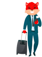 a cartoon of a man in a suit with a fox head carrying a suitcase and holding a cell phone .