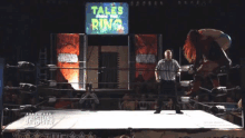 a wrestling ring with a tales from the ring sign above it