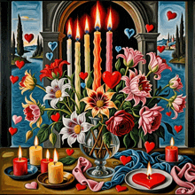 a painting of flowers with candles and hearts