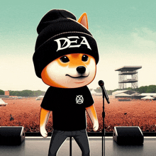 a cartoon dog wearing a beanie and a dea shirt