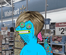 a cartoon character standing in front of a walmart sign