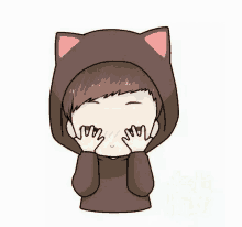 a cartoon of a boy wearing a cat hoodie