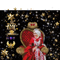 a woman in a red dress is sitting on a throne with a starmaker logo on the bottom