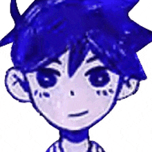 a close up of a cartoon character with blue hair and a striped shirt .