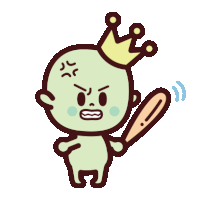 a cartoon character with a crown on his head holds a baseball bat