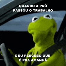 kermit the frog is driving a car with a foreign language caption